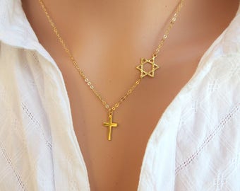 Star of David with Cross Necklace, Cross With David Star Necklace, Gold Star of David Necklace, Messianic Star of David with Cross, Gift.