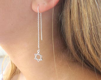 Star Of David Earrings, Jewish Star Thread Earrings, Gold Filled Threader Earrings, Fall Earrings, Jewish Jewelry, Gold Magen David Earrings