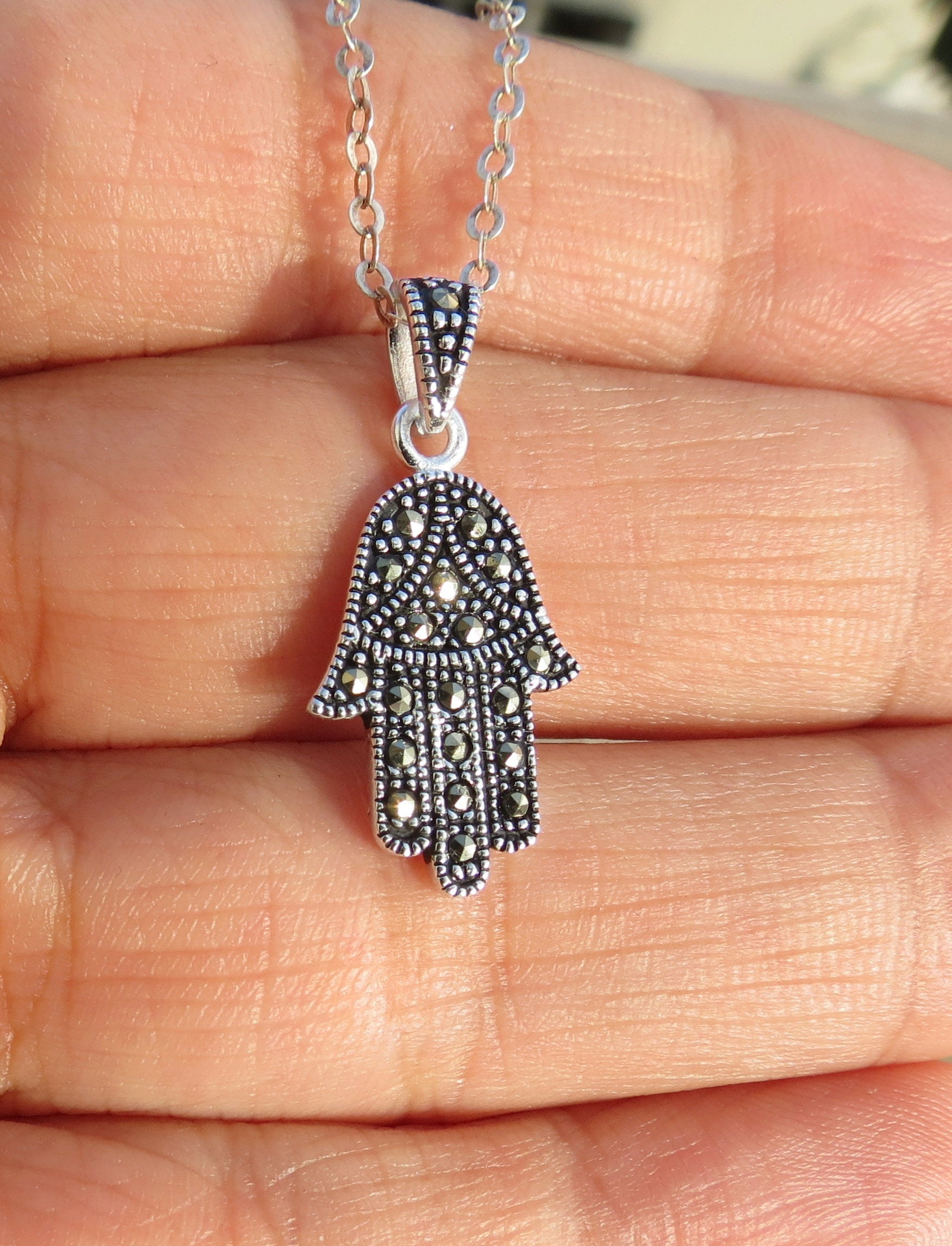 Collier Hamsah En Argent Sterling Avec CZ - Symbole De Protection, Neuf Sans Emballage