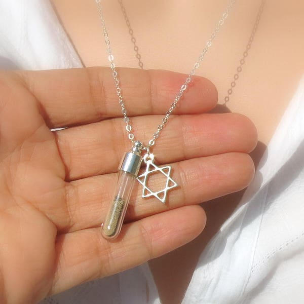 Holy Land Sand Inside a Glass Vial, Jerusalem Sand, Sterling Silver Israel Soil Necklace, Star of David Necklace, Israel Souvenir, Gift Idea