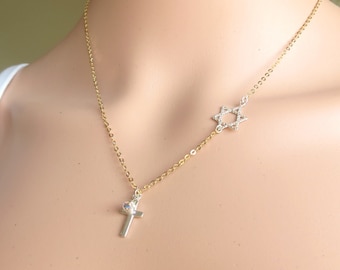 Star of David with Cross Necklace, Cross With David Star Necklace, Gold Star of David Necklace, Messianic Star of David with Cross, Gift.