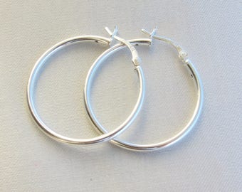 Large Silver Hoop Earrings, Large Sterling Silver Hoops, 2mm Thickness Hoops, High Quality Sterling Hoops, Classic Hoops, Everyday Earrings.