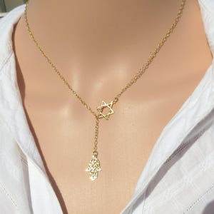 Star of David Necklace, Hamsa Necklace, Star of David with Hamsa, Gold Magen David Necklace, Jewish Star Jewelry, Gold Lariat Necklace, Gift
