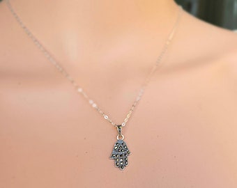 Large Hamsa Hand Necklace, Protection Hand, Sterling Silver Hamsa Necklace, Evil Eye, Hamsa Necklace, Cubic Zirconia, Luck Charm, Kabbalah.