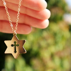 Gold Messianic Star of David Cross Necklace, Cross With Magen David Necklace, Jewish Star Cross, Messianic Star of David Necklace, Crucific.
