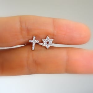 Star of David with Cross Earrings, Cross With David Star Studs, Sterling Silver Star of David earrings, Messianic Star of David with Cross.