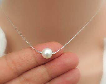 Pearl Necklace, One Pearl Necklace, Simple Pearl GOLD Necklace, Simple Pearl SILVER Necklace, Bridesmaids Gift, Majorca Pearl, Women Gift.