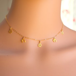 Star Of David Necklace, Gold Chai Choker Necklace, Tiny Star Of David Necklace, Jewish Jewelry, Tiny Chai Necklace, David Star with Chai..