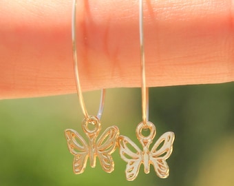 Boucles d&#39;oreilles papillon, Boucles d&#39;oreilles Butterfly Hoop, Cerceaux fins et délicats, Bijoux nature, Boucles d&#39;oreilles papillon d&#39;or, Boucles d&#39;oreilles papillon argentées, Cadeau