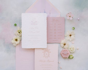 The Dora Suite, Letterpress Wedding Invitation with Handmade Paper in Elegant/Classic Style, Custom Crest & Venue Sketch -Deposit