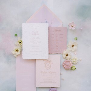 The Dora Suite, Letterpress Wedding Invitation with Handmade Paper in Elegant/Classic Style, Custom Crest & Venue Sketch -Deposit