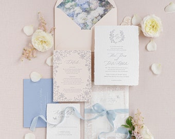 The Felice Suite - Letterpress Wedding Invitation Suite with Crest and Custom Monogram, Handmade Paper, Vellum Wrap, Silk Ribbon -Deposit