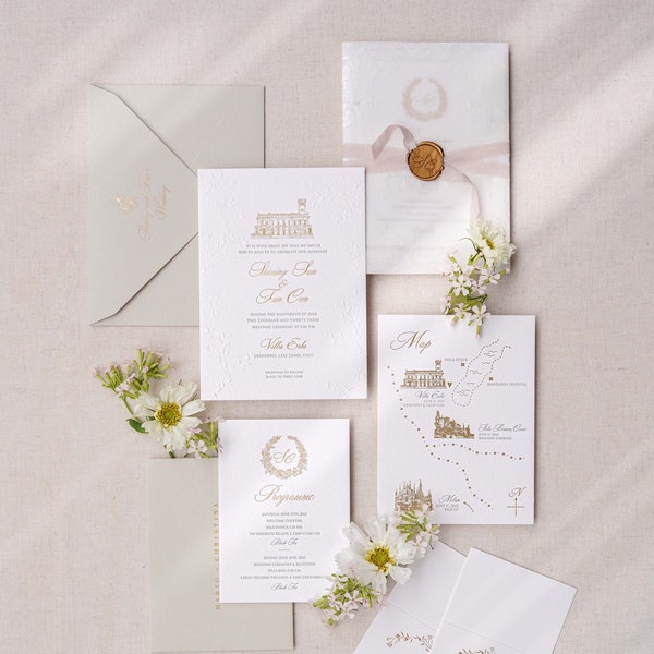 Bespoke Press Printed Botanical Wedding Invitation, 3D Foil, Blind Embossing, Letterpress, Patterned Vellum Wrap, Custom Venue - Deposit