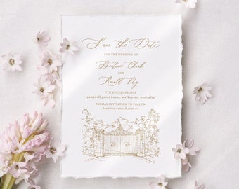 Personalized Letterpress Save the Date, Hand Torn Paper, Custom Venue Sketch, Luxury Wedding Stationery, Floral Patterned Liner - Deposit