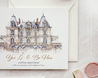 Hochzeitsort/-Gebäude/Haus/Kapelle in Aquarell & Tusche, Bouffémont-Schloss, Luxushochzeitskarte, Save the Date - Design Fee