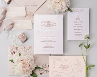 Personalized Letterpress & Foil Press Printed Wedding Invitation Suite in Elegant Style, Custom Venue, Custom Crest, Dusty Rose - Deposit