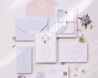 Personalized Wedding Invitation, Hand-painted Custom Crest, Printed Die-cut Envelope, Custom Map, Letterpress, Foil, Watercolor -Deposit
