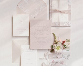 The Gabriella Suite, Letterpress Wedding Invitation in Handmade Paper, Vellum Wrap Vellum Envelope, Blind Debossing, Silk Ribbon - Deposit