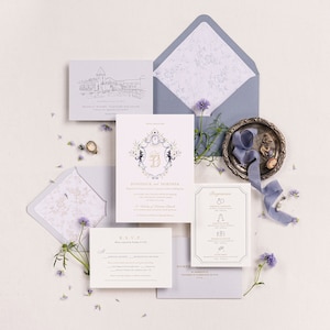 Personalized Letterpress Wedding Invitation with Hand-Painted Custom Crest, Custom Venue Sketch, Pattern Envelope Liner - Deposit