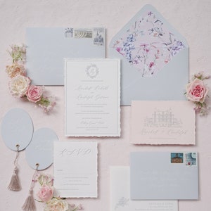 The Bouffémont Suite, Letterpress Wedding Invitation with Hand-torn Edges, Custom Crest, Floral Patterned Envelope Liner -Deposit