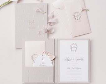 Luxury Wedding Invitation Folio, Invitation Box, Custom Crest, Foil Press Printing, Letterpress, Die Cutting-Deposit