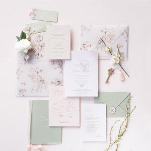 The Ethereal Suite, Letterpress Wedding Invitation, WildFlower Patterned Vellum Wrap, Watercolor Splashes, Multiple Printing Methods-Deposit