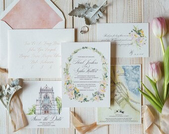 The Wreath Suite, Botanical Wedding Invitation in Watercolor Style, Custom Hand Painted Chapel & Map - Deposit