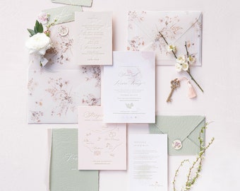 The Ethereal Suite, Letterpress Wedding Invitation, WildFlower Patterned Vellum Wrap, Watercolor Splashes, Multiple Printing Methods-Deposit