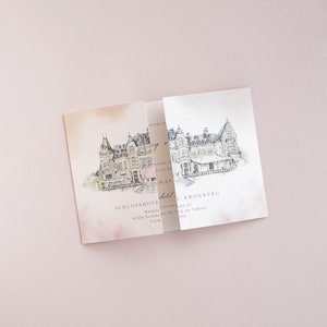Personalized Gatefold Wedding Invitation in Watercolor Style, Hand-Painted Venue, Luxury Style - Deposit