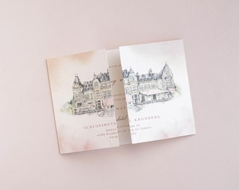 Personalized Gatefold Wedding Invitation in Watercolor Style, Hand-Painted Venue, Luxury Style - Deposit