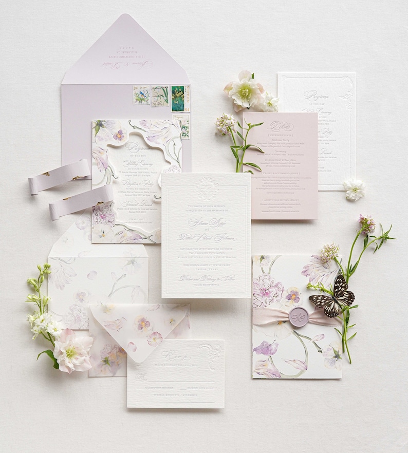 The Elaina Suite, Letterpress Wedding Invitation in Watercolor Style, Menu/Itinerary Laser-cut pocket, Vellum, Digital Printing Deposit image 1