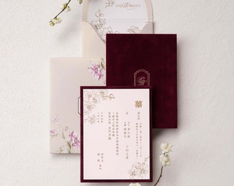 The Red Velvet Suite, Luxury Wedding Invitation in Asian Style, Foil Press Printing & Letterpress, Floral UV Printed Envelope Box -Deposit