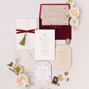 Chinoiserie Wedding Invitation, Personalized Velvet Invitation in Asian Style, Letterpress, Foil Press Printing-Deposit