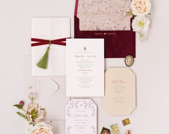 Chinoiserie Wedding Invitation, Personalized Velvet Invitation in Asian Style, Letterpress, Foil Press Printing-Deposit