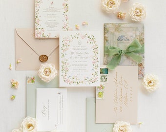 The Alice Suite, Wedding Invitation in Botanical Wreath Style, Vellum Wrap, Silk Ribbon, Digital Printing - Deposit