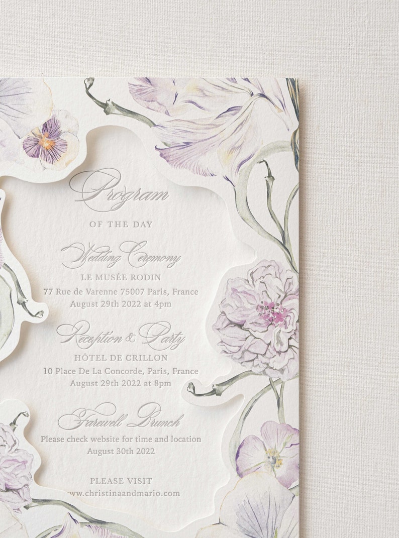 The Elaina Suite, Letterpress Wedding Invitation in Watercolor Style, Menu/Itinerary Laser-cut pocket, Vellum, Digital Printing Deposit Bild 2