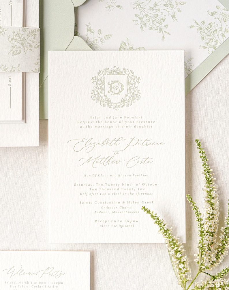 The Avril Suite, Letterpress Wedding Invitation in Sage Green, Floral