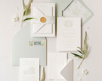 The Avril Suite, Letterpress Wedding Invitation in Sage Green, Floral Patterned Envelope Liner & Belly Band, Custom Monogram - Deposit