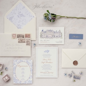 The Bleu de France Suite, Letterpress Wedding Invitation Suite, Hand-Painted Venue, Floral Pattern Envelope Liner -Deposit