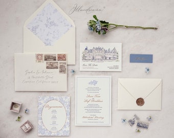 The Bleu de France Suite, Letterpress Wedding Invitation Suite, Hand-Painted Venue, Floral Pattern Envelope Liner -Deposit