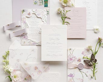 Elaina Suite Letterpress Wedding Invitation, Watercolor Style, Laser-cut Pocket - Deposit