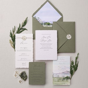 The Green Mountain Suite, Letterpress Wedding Invitation in Handmade Paper, Envelope Liner with Hand-Painted Venue - Deposit