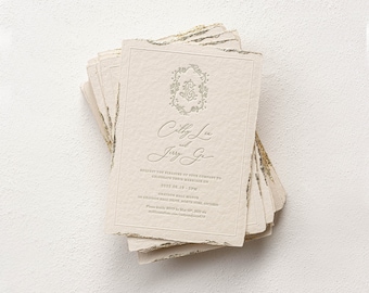 Press Printed Wedding Invitation in Handmade Paper, Custom Crest, Gold Foil Leaf, Letterpress, Foil, Blind Debossing - Deposit