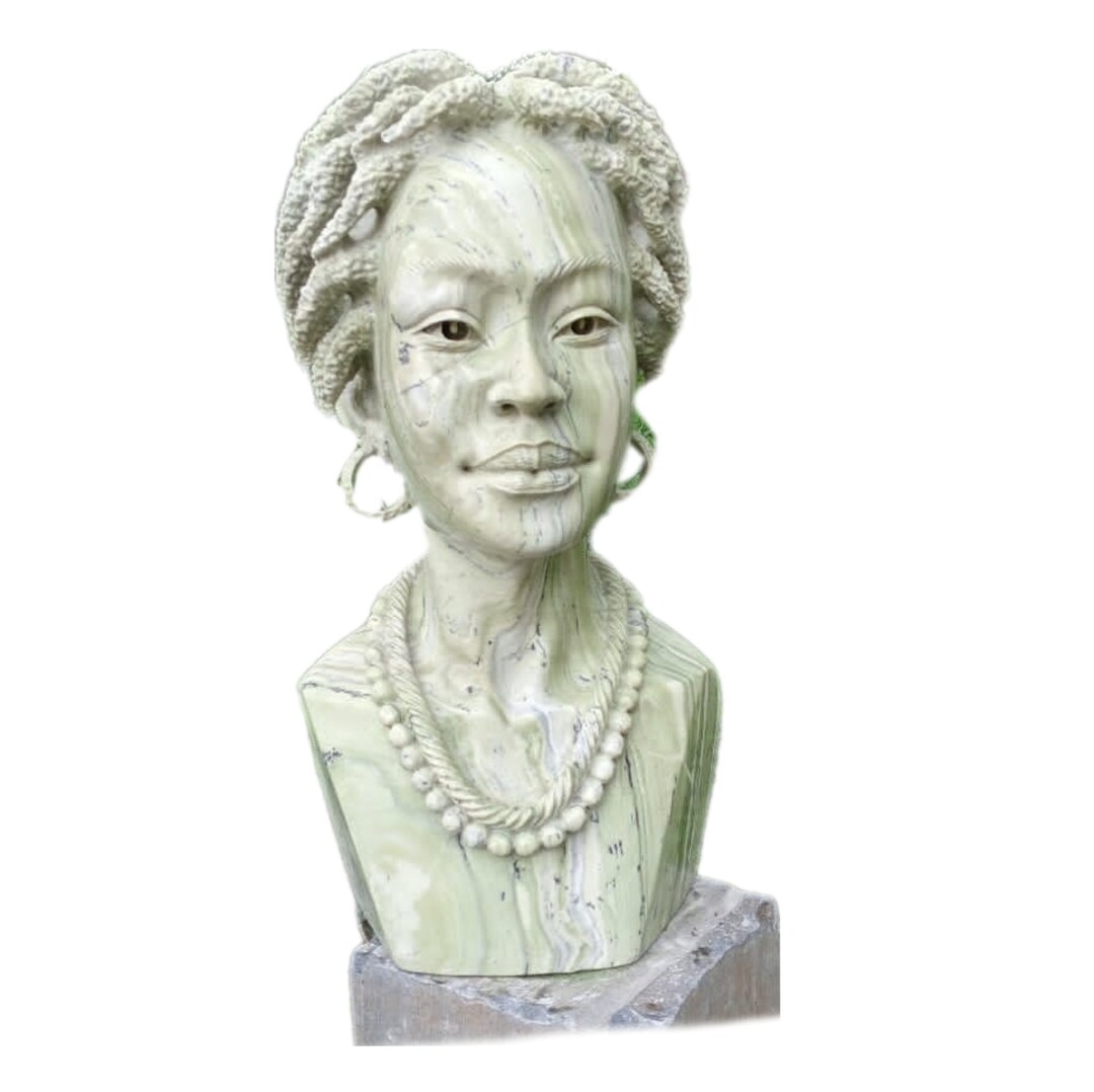SHONA STONE SCULPTURE, Lady Bust Statue, Female Head Bust, Butter Jade