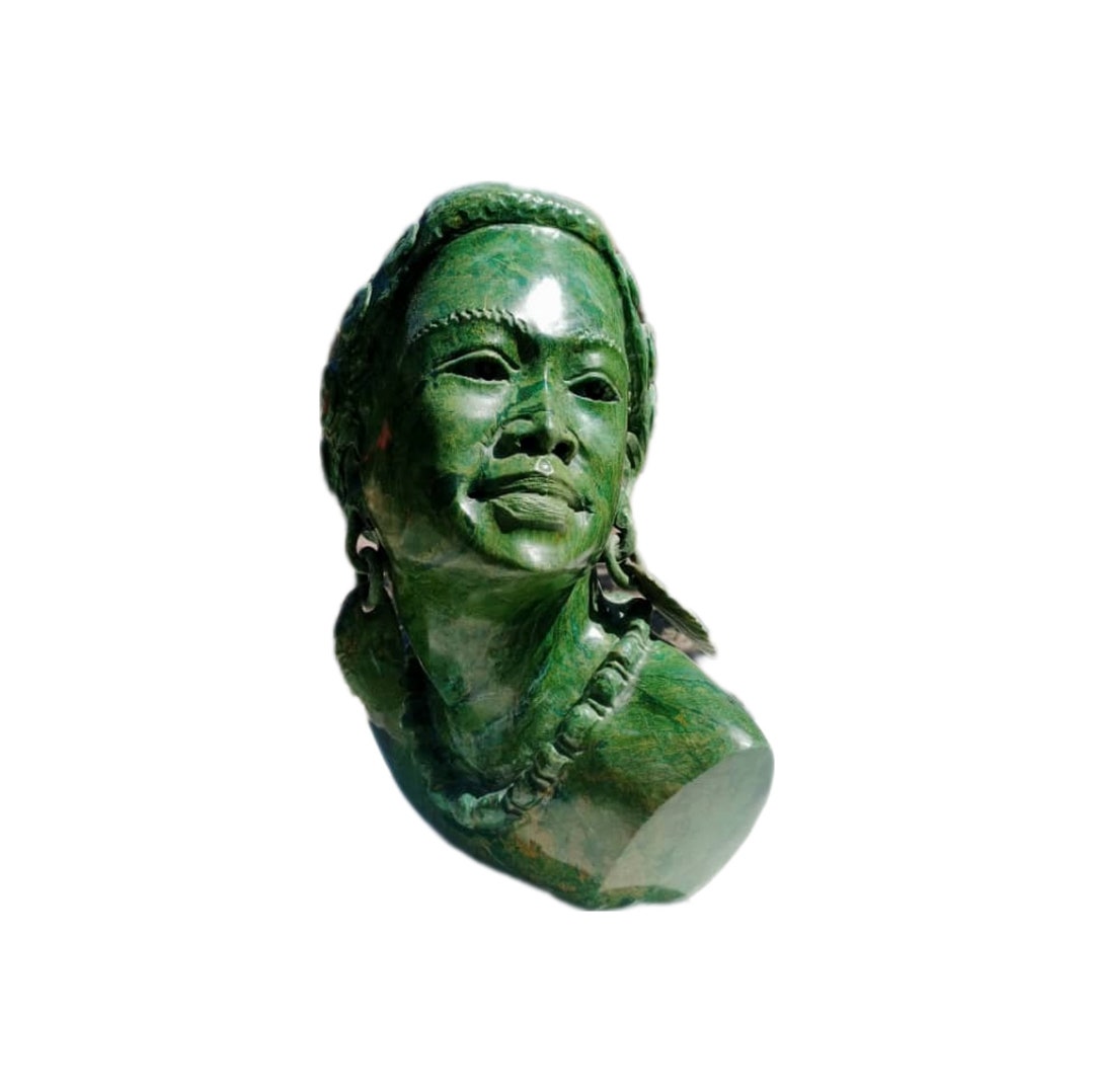 SHONA STONE SCULPTURE, Verdite Stone, Female Head Bust, Lady Statue