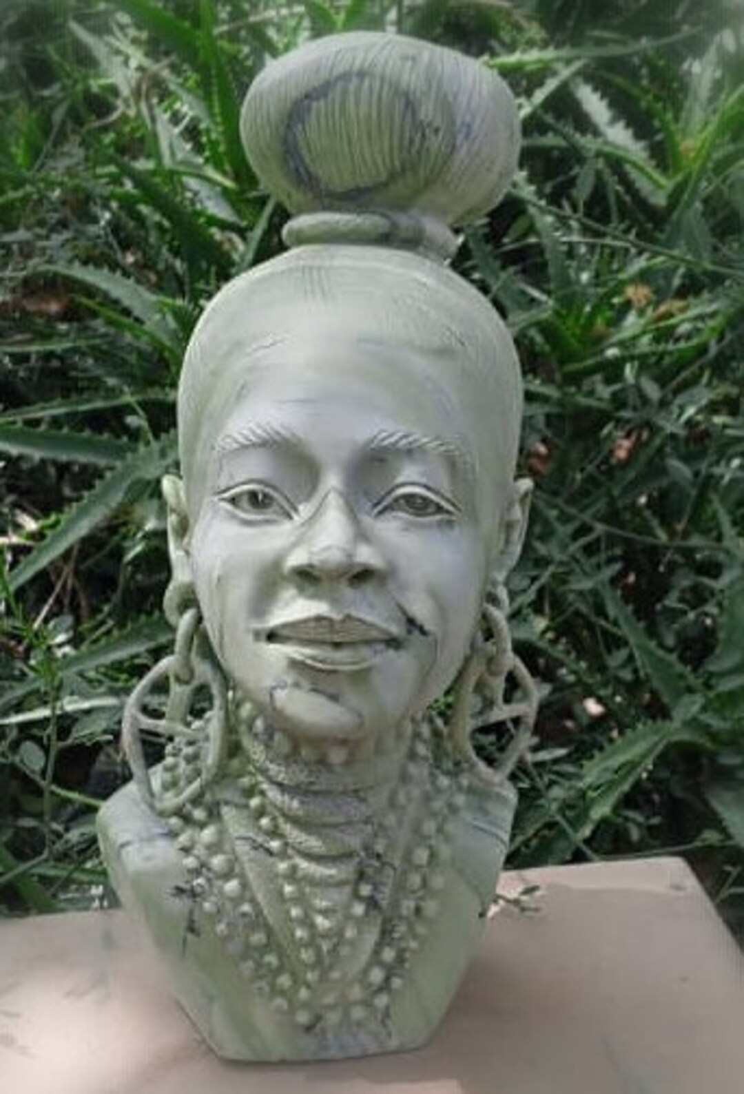 SHONA STONE SCULPTURE, Lady Bust Statue, Female Head Bust, Butter Jade