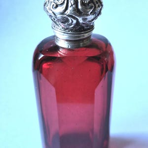 Antique Victorian Ruby Glass Silver Topped Perume Bottle