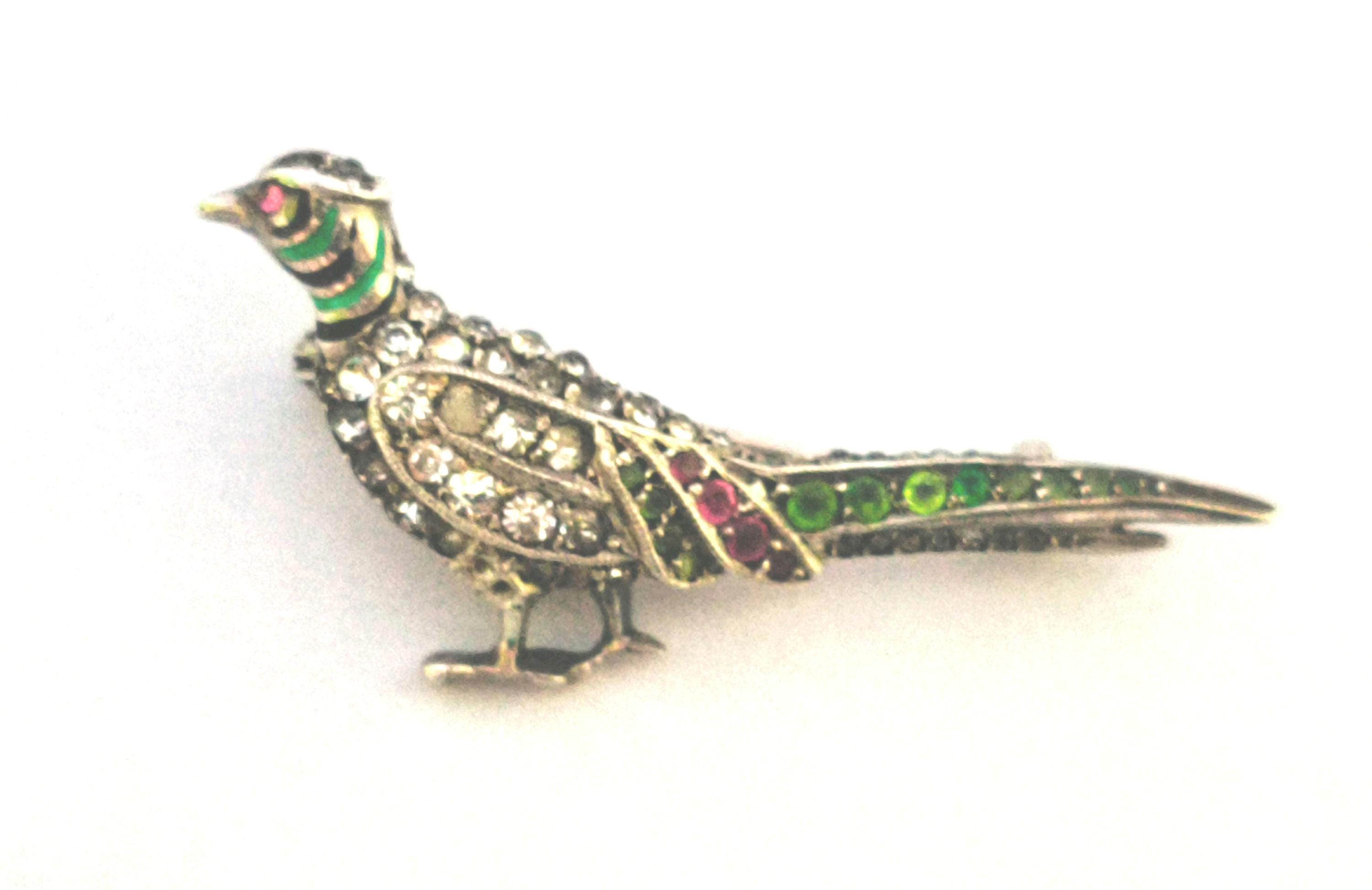 Broche Ancienne En Argent Massif Et émail – Motif Faisan, Occasion à Voir En Photos