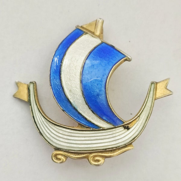 Art Deco signed Aksel Holmsen Silver Guilloche enamel Viking ship brooch