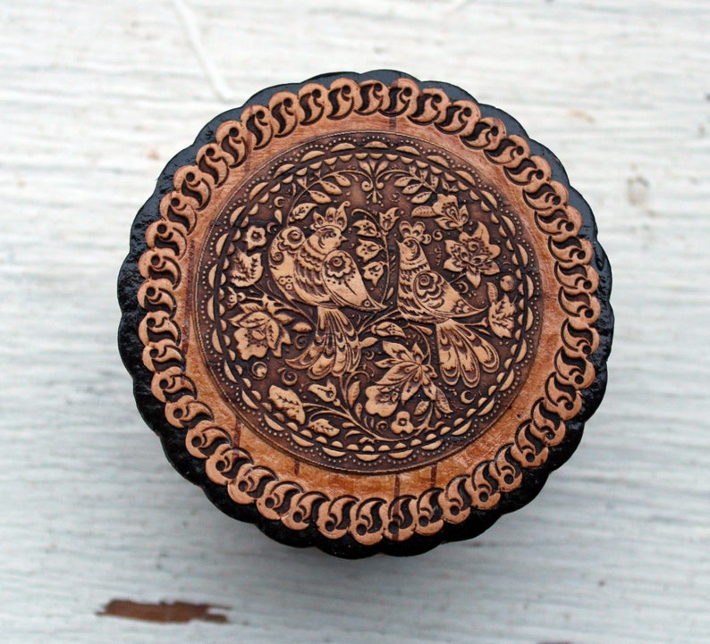 Wooden Box Hot Stamp Wood Box Jewelry Box Ring Holder Gift for Her Birch Bark Box Round Box Birch Bird Box Black Box Trinket Box
